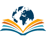 colorful square I S P logo of round map over open book pages