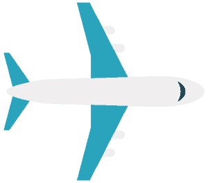 blue and white icon graphic of an aerial view of an airplane
