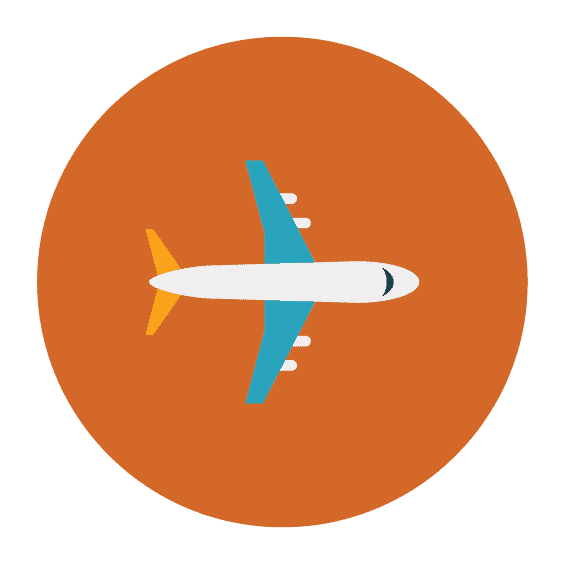 blue and white icon graphic of an aerial view of an airplane in orange circle