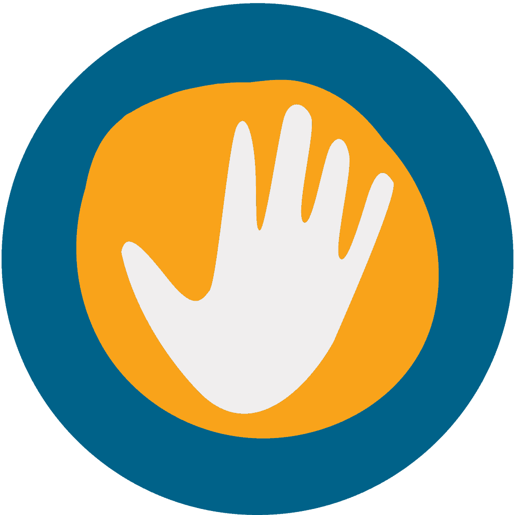 colorful icon graphic of yellow handprint in blue circle
