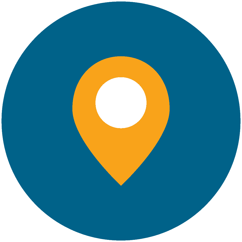 colorful icon graphic of yellow map pin in blue circle